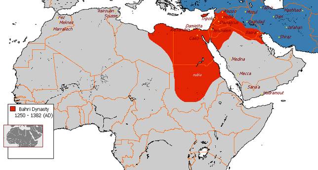 曾經統治埃及周邊的馬穆魯克王朝（紅色）