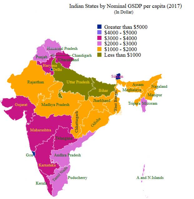 印度各地人均GDP（單位：美元）地圖，南方明顯比北方高