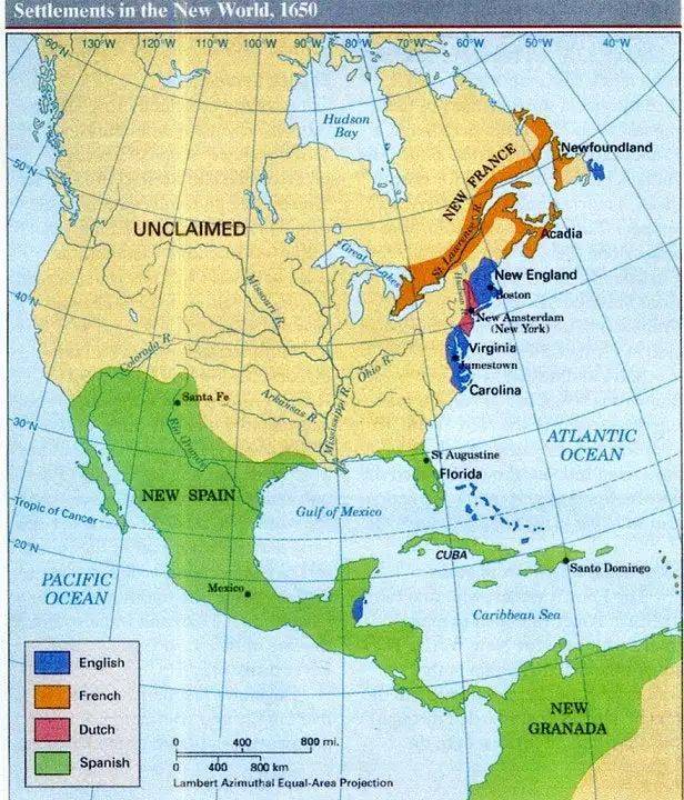1650年的美洲，荷蘭殖民地（粉色）將英國殖民地（藍色）隔開