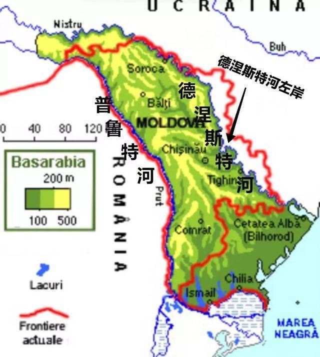 摩爾多瓦國土（紅線內）大都位於兩河之間，只有德左地區是例外