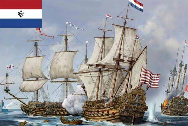 荷蘭東印度公司(左上圖為公司旗幟)壟斷了荷蘭在亞洲東部的殖民活動