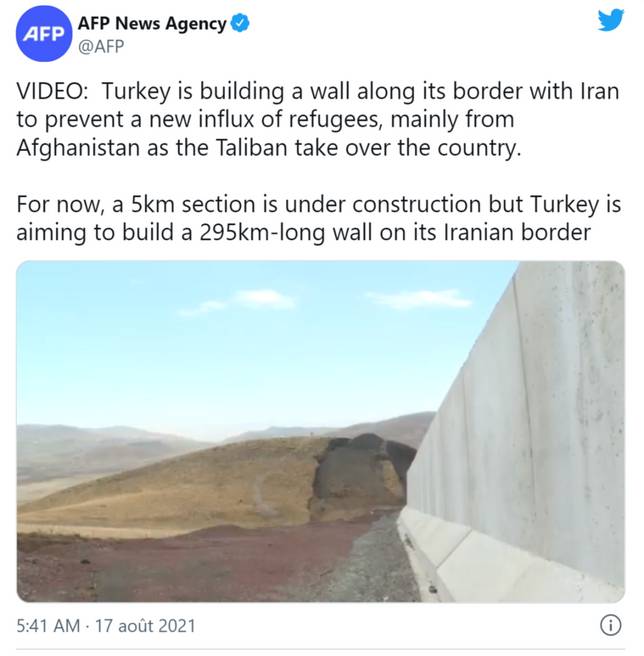 為防止大量難民湧入，土耳其正緊急在與伊朗的邊境地帶修建隔離牆目前，伊朗已經接收了超過 350 萬阿富