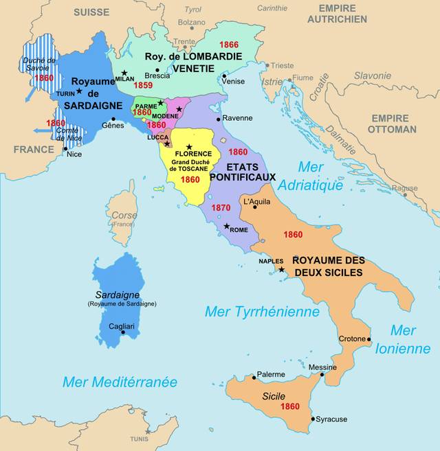 義大利的統一及年份，羅馬附近於1870年被統一