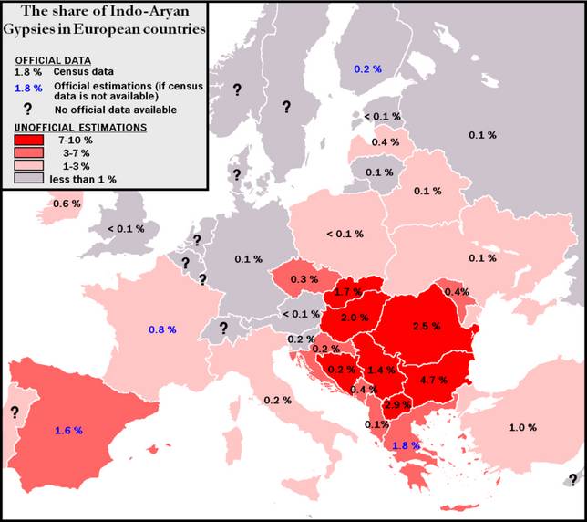 吉普賽人佔歐洲各國的人口比例