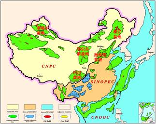 中國盆地分佈示意圖