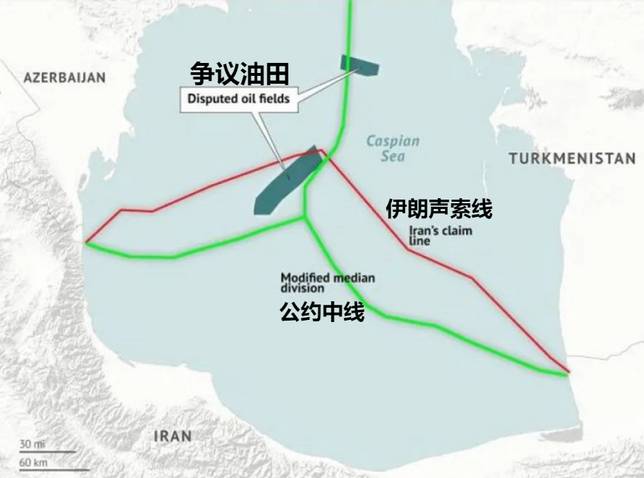 紅線為伊朗要求的邊界，綠色為公約實際劃分的邊界線