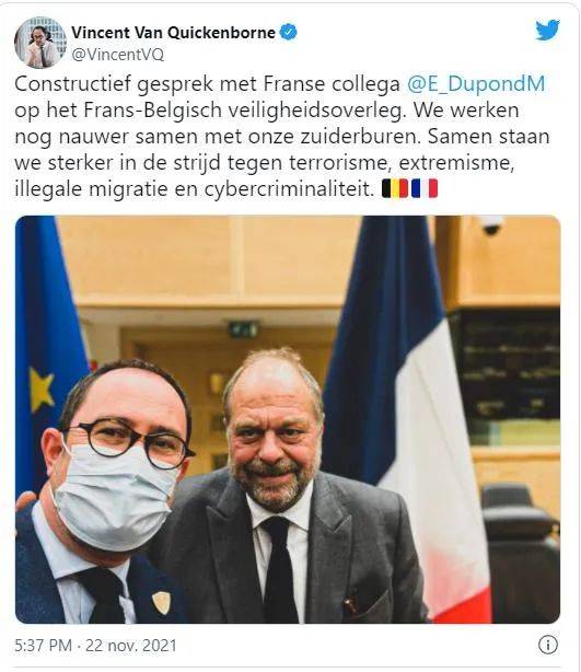 比利時司法大臣Vincent Van Quickenborne週一晒出自己與法國司法部長杜蓬-莫雷蒂