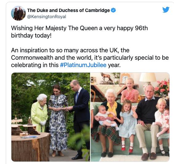 威廉王子與凱特王妃也發推慶祝女王生日