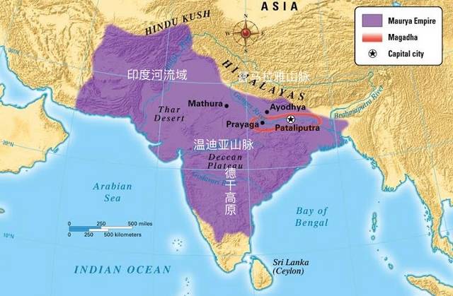 紫色區域為孔雀王朝領域，溫迪亞山脈為南北線