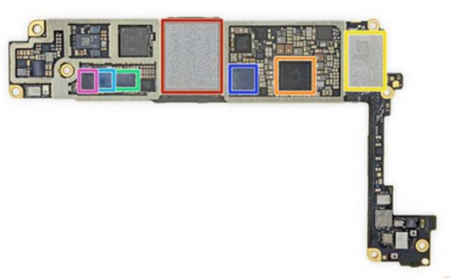 iPhone SE主板，黃色框為USI 339S00648 WiFi/藍牙 SoC，支持最新WiFi