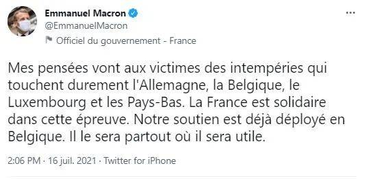 法國總統馬克龍16日在推特上表示：「我向德國、比利時、盧森堡和荷蘭的洪災受害者表示哀悼和慰問法國與各