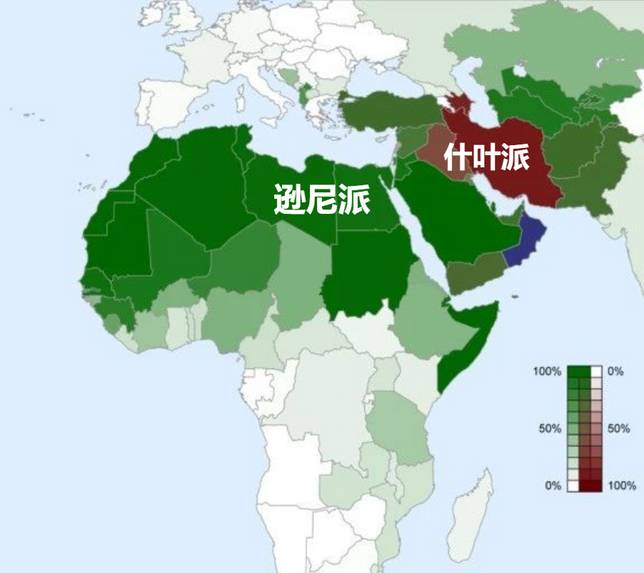 遜尼派和什葉派分佈圖，其中綠色為遜尼派，紅色為什葉派
