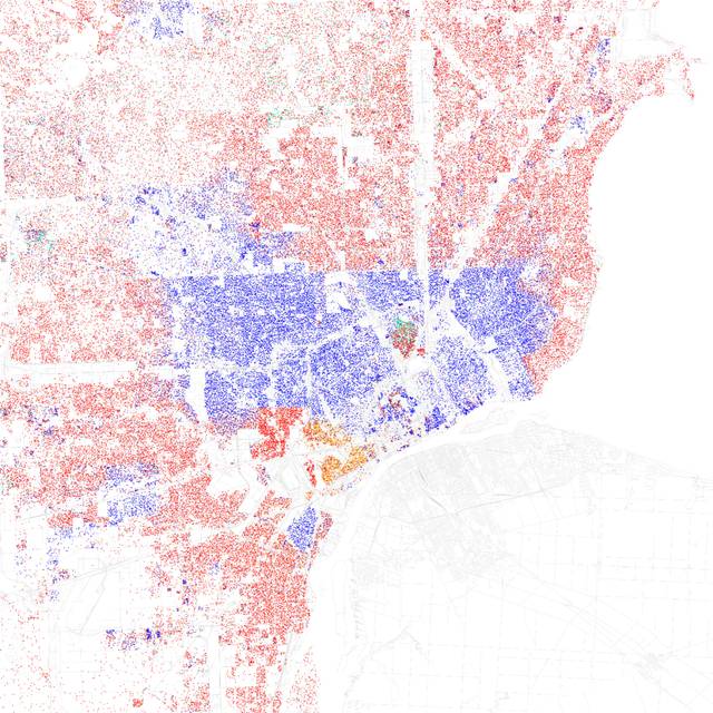 底特律種族分佈地圖（2010）每點代表25人：白人（紅）,黑人（藍）、亞裔（綠）、拉丁裔（橙）以及其