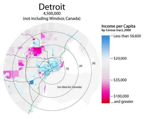 底特律收入分佈圖，內城人收入少，郊區人收入多