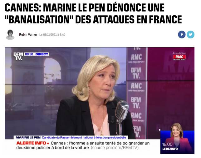 極右國民聯盟（RN）總統候選人勒龐認為襲擊案在法國已「常態化」（BFMTV新聞臺截圖）