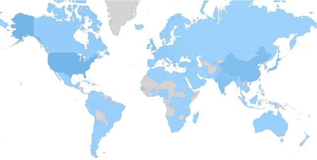 藍色部分為現在向arXiv投稿的國家與地區